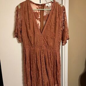 Elegant Lace V-Neck Long Dress in Rust with romper underneath dress